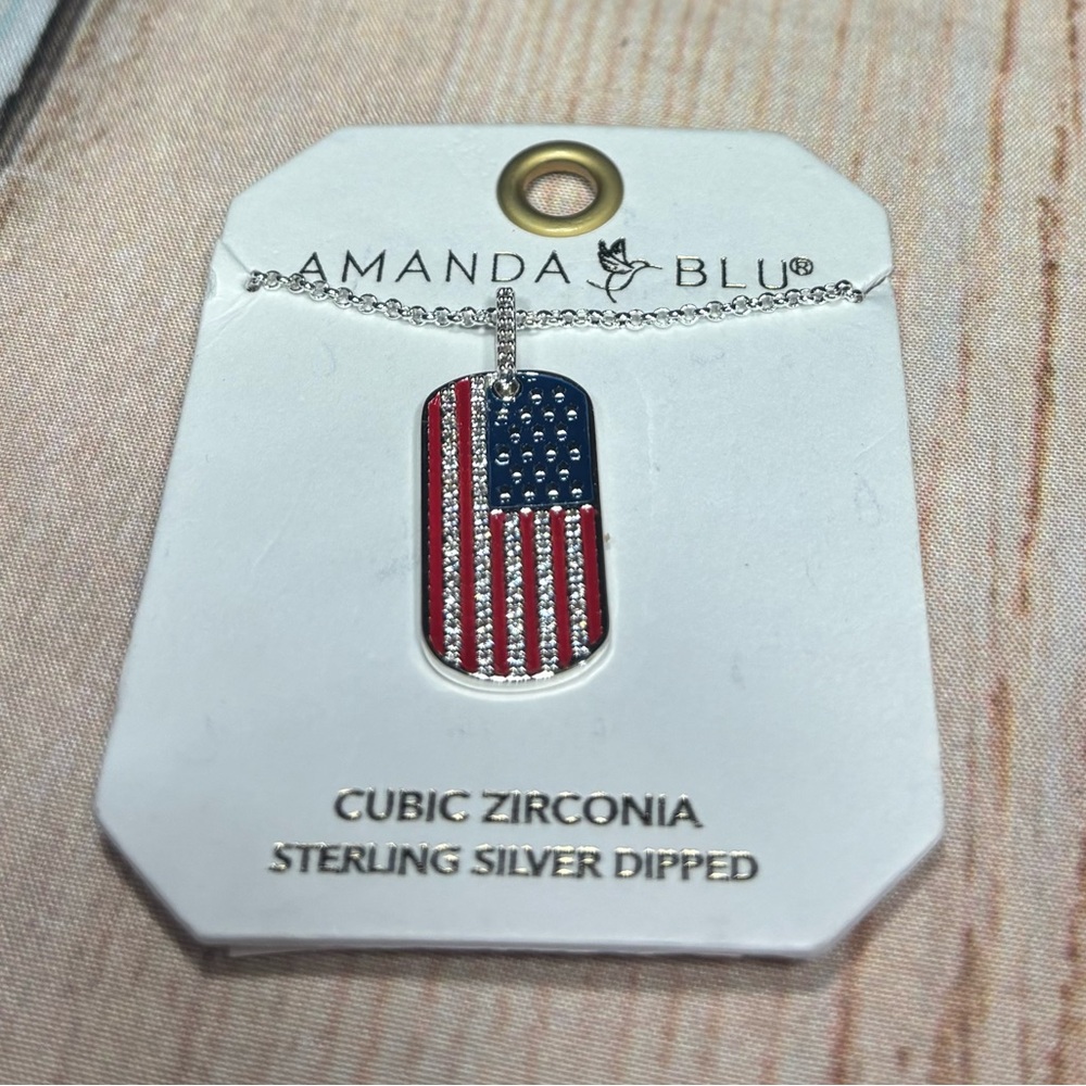 New Amanda Blu Silver Dog Tag Necklace - American Flag